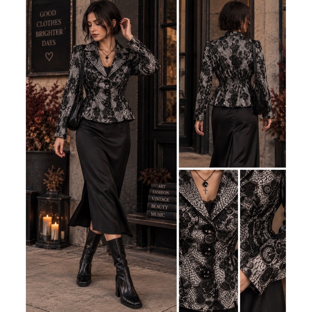 Laura Ashley PM Black Floral Lace Blazer Fitted Romantic Goth Whimsigoth Jacket